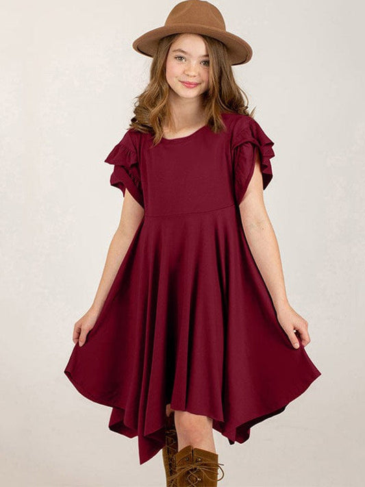 Irregular Hem Ruffled Short-Sleeve Dress with Cute Skirt for Little Girls