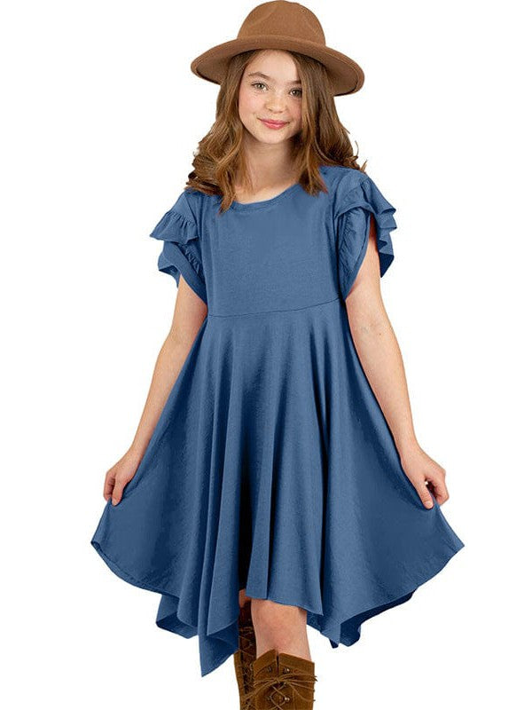 Irregular Hem Ruffled Short-Sleeve Dress with Cute Skirt for Little Girls