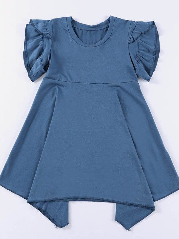 Irregular Hem Ruffled Short-Sleeve Dress with Cute Skirt for Little Girls