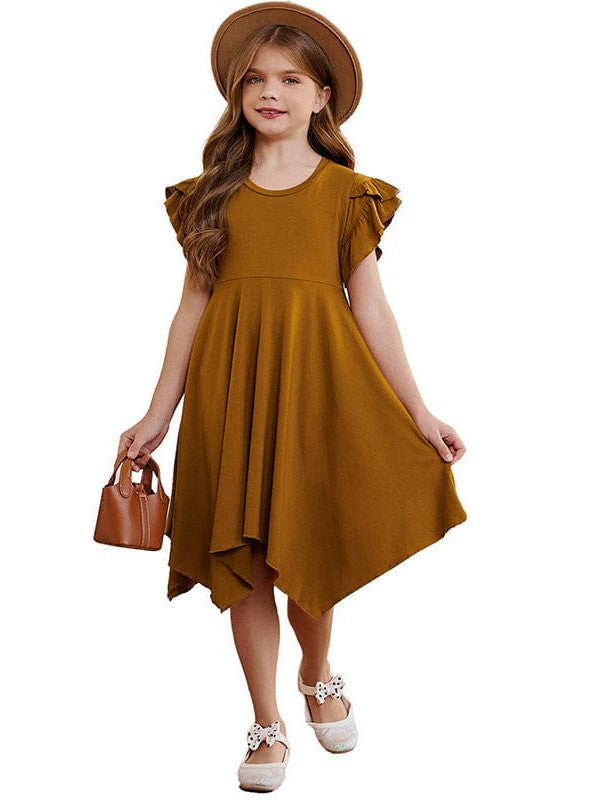 Irregular Hem Ruffled Short-Sleeve Dress with Cute Skirt for Little Girls