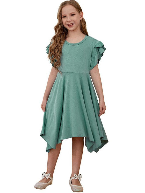 Irregular Hem Ruffled Short-Sleeve Dress with Cute Skirt for Little Girls