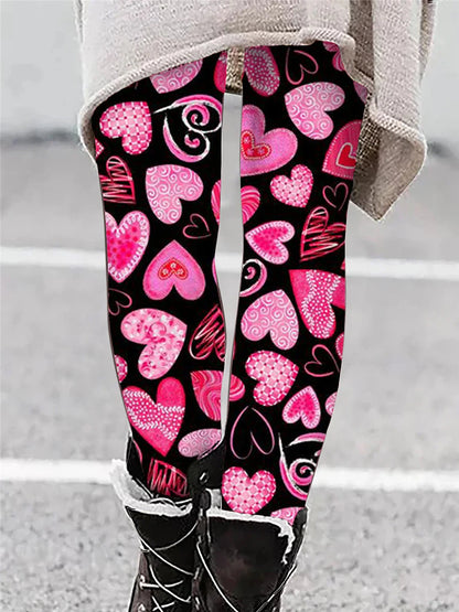Women's Leggings Polyester Heart Wine Black Active High Waist Long Valentine's Day Vacation Spring
