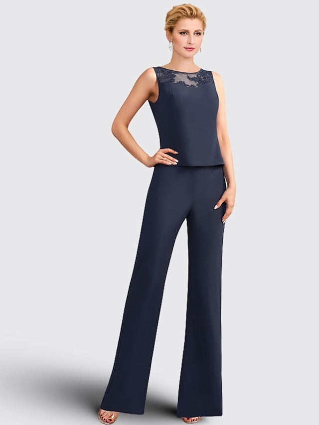 Jumpsuit / Pantsuit 3 Piece Mother of the Bride Dress Formal Plus Size Elegant Jewel Neck Floor Length Chiffon Lace Sleeveless with Appliques 2023 - LuckyFash™