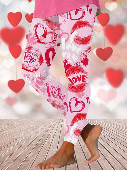 Women's Leggings Polyester Heart Black Pink Active High Waist Long Valentine's Day Festival Spring