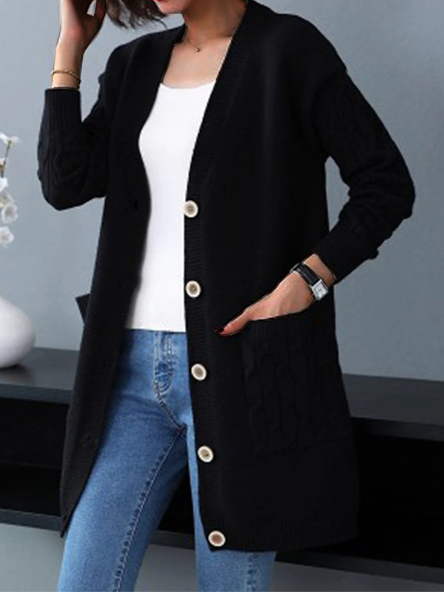 Women's Cardigan Sweater V Neck Cable Knit Knit Spandex Yarns Button Pocket Fall Winter Long Outdoor Daily Going out Stylish Casual Soft Long Sleeve Solid Color Black Red Blue S M L