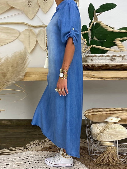 Women's Dress - Denim Dress Maxi long Dress Denim Stylish Casual Daily Holiday V Neck Split Half Sleeve Summer Spring 2022 Loose Fit Blue Pure Color M L XL XXL