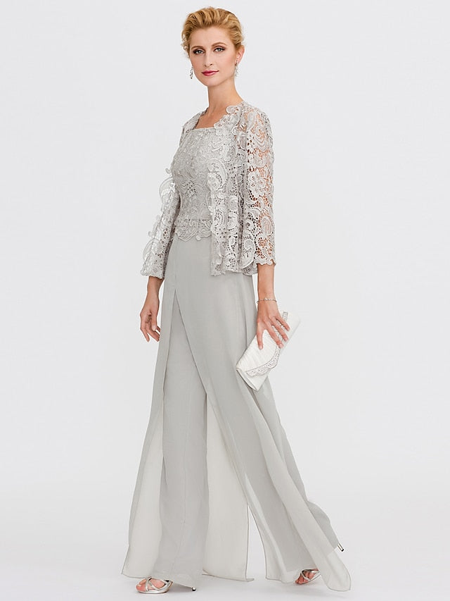 Jumpsuit / Pantsuit Mother of the Bride Dress Formal Plus Size Elegant Square Neck Floor Length Chiffon Corded Lace Sleeveless Wrap Included with Lace Appliques 2023 - LuckyFash™