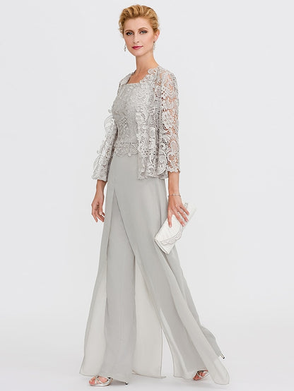 Jumpsuit / Pantsuit Mother of the Bride Dress Formal Plus Size Elegant Square Neck Floor Length Chiffon Corded Lace Sleeveless Wrap Included with Lace Appliques 2023 - LuckyFash™