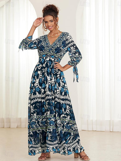 Women's Chiffon A Line Dress Floral Ruffle Bow V Neck Puff Sleeve Maxi Dress Boho Party Short Sleeve Summer