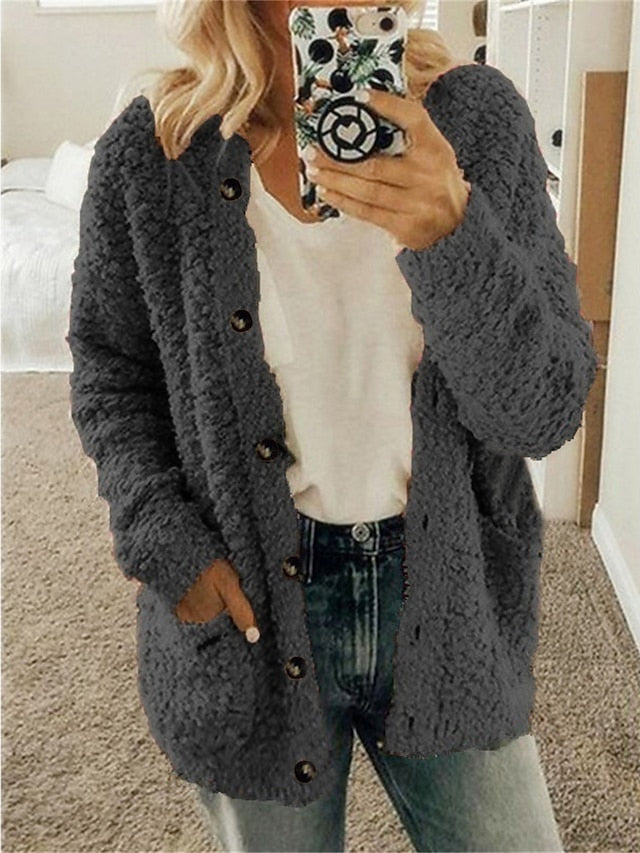 Women's Cardigan Sweater Cowl Ribbed Knit Polyester Pocket Fall Winter Home Daily Holiday Stylish Casual Soft Long Sleeve Solid Color Maillard Black White Pink S M L