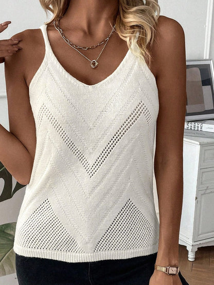 Ivory Pointelle Knit V-Neck Sleeveless Sweater Tank Top