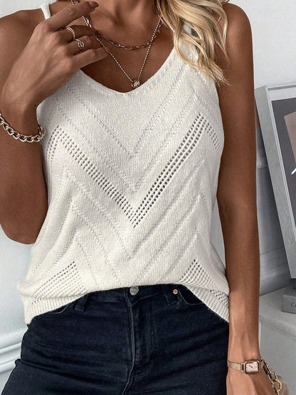 Ivory Pointelle Knit V-Neck Sleeveless Sweater Tank Top
