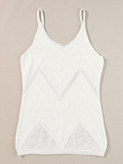 Ivory Pointelle Knit V-Neck Sleeveless Sweater Tank Top