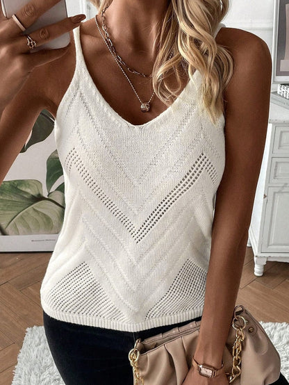 Ivory Pointelle Knit V-Neck Sleeveless Sweater Tank Top