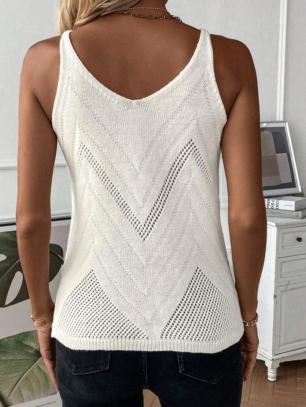 Ivory Pointelle Knit V-Neck Sleeveless Sweater Tank Top