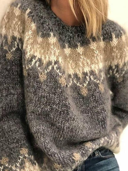 Women's Pullover Sweater Jumper Crew Neck Chunky Knit Knitted Drop Shoulder Fall Winter Daily Holiday Going out Vintage Style Casual Long Sleeve Geometric Black Wine Blue S M L