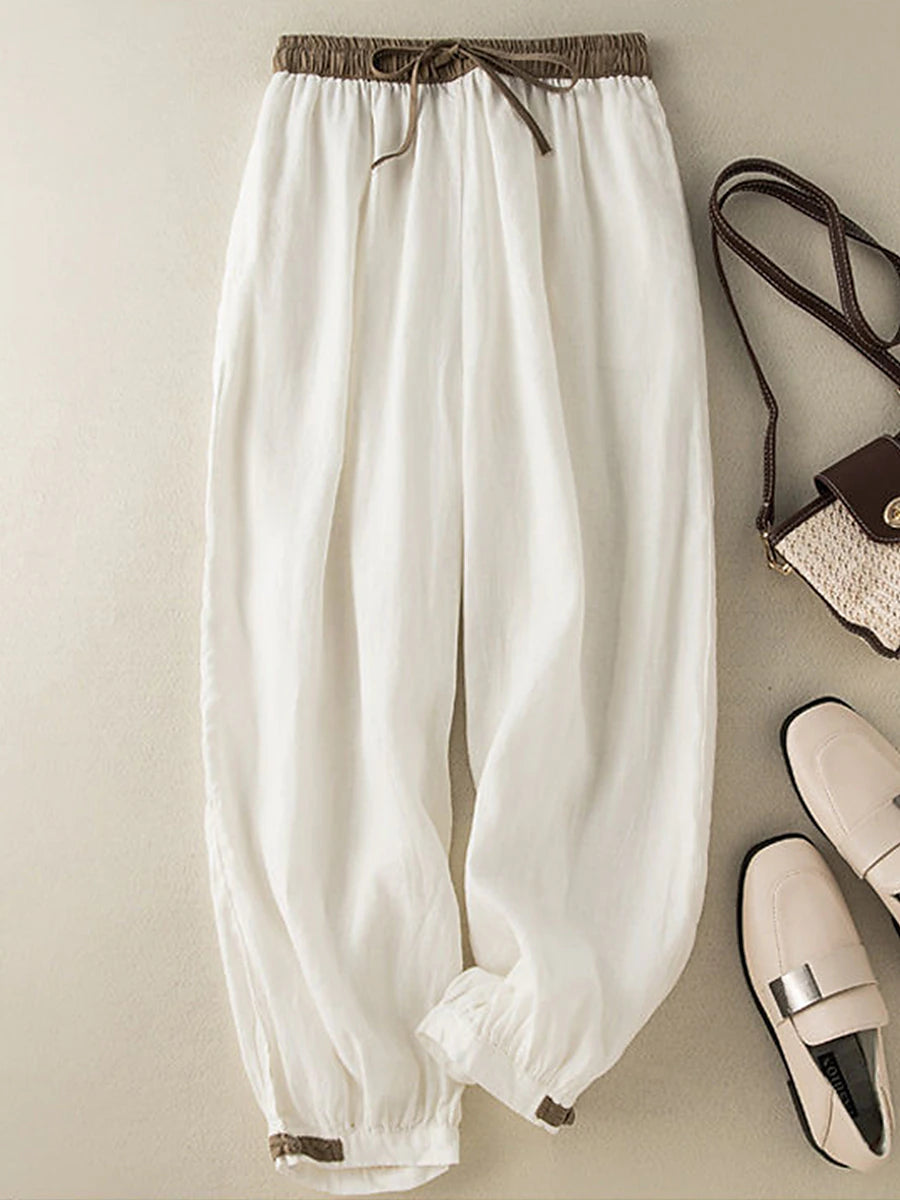Women's Pants Trousers Linen Cotton Blend Plain White Apricot Vacation High Waist Ankle-Length Outdoor Street Fall Winter