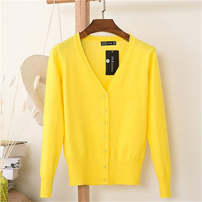 Women's Cardigan Sweater V Neck Knit Cotton Button Knitted Thin Summer Spring Outdoor Work Daily Stylish Casual Soft Long Sleeve Pure Color Yellow Wine Camel M L XL
