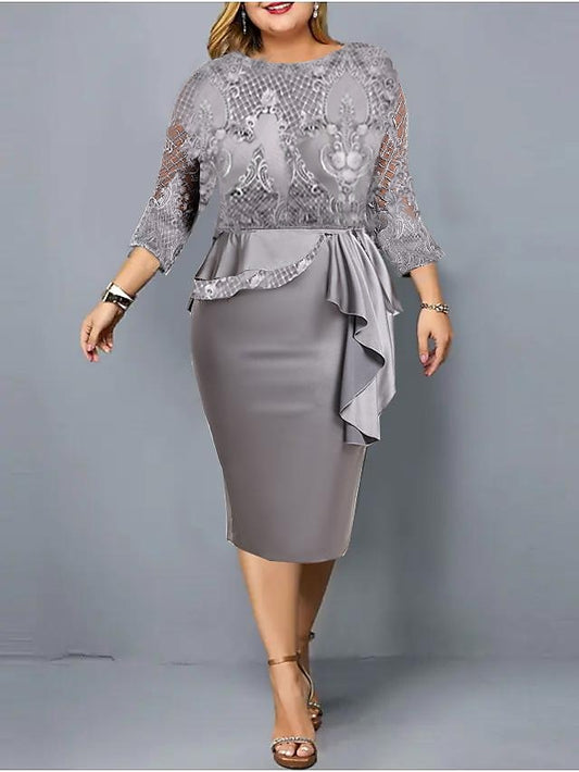 Women's Dress - Plus Size Party Dress Floral Crew Neck Lace 3/4 Length Sleeve Spring Fall Stylish Elegant Mature Midi Dress Formal Party Dress