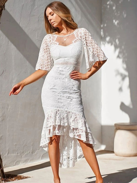 Women's Dress - Wedding Guest Dress Sheath Dress Lace Midi Dress White Red Wine Dark Blue Half Sleeve Pure Color Pure Color Fall Spring Autumn Sweetheart Elegant Spring Dress 2022 S M L XL