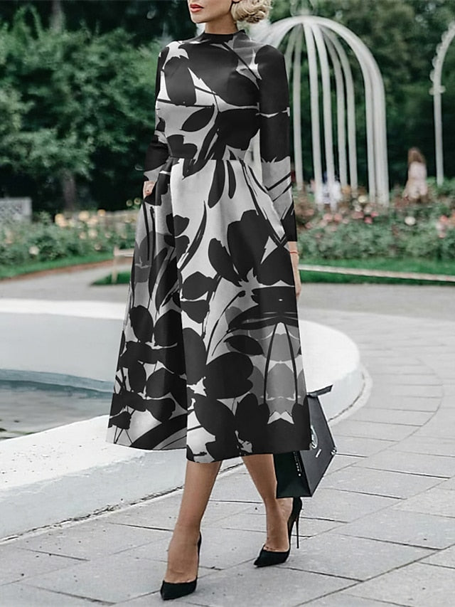 Women's Dress - Sheath Dress Midi Dress Midi Dress Black White Red Long Sleeve Floral Ruched Fall Winter Autumn Shirt Collar Stylish Winter Dress Fall Dress 2023 S M L XL XXL 3XL