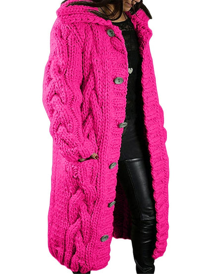 Women's Cardigan Sweater Hooded Cable Knit Acrylic Button Pocket Fall Winter Long Outdoor Going out Weekend Stylish Casual Soft Long Sleeve Pure Color Red Brown Black Light Green S M L