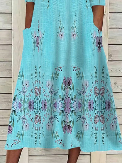Women's Dress - Casual Dress Ethnic Dress Swing Dress Midi Dress Blue Half Sleeve Floral Ruched Fall Spring Summer V Neck Basic Daily Vacation Loose Fit 2023 S M L XL XXL 3XL