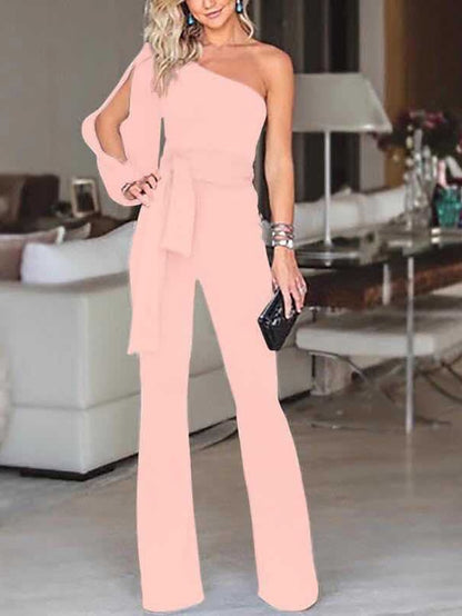 Women's Jumpsuit Clean Fit Split Solid Color Cold Shoulder Elegant Party Prom Regular Fit Long Sleeve Black Blue Pink S M L Fall - LuckyFash™