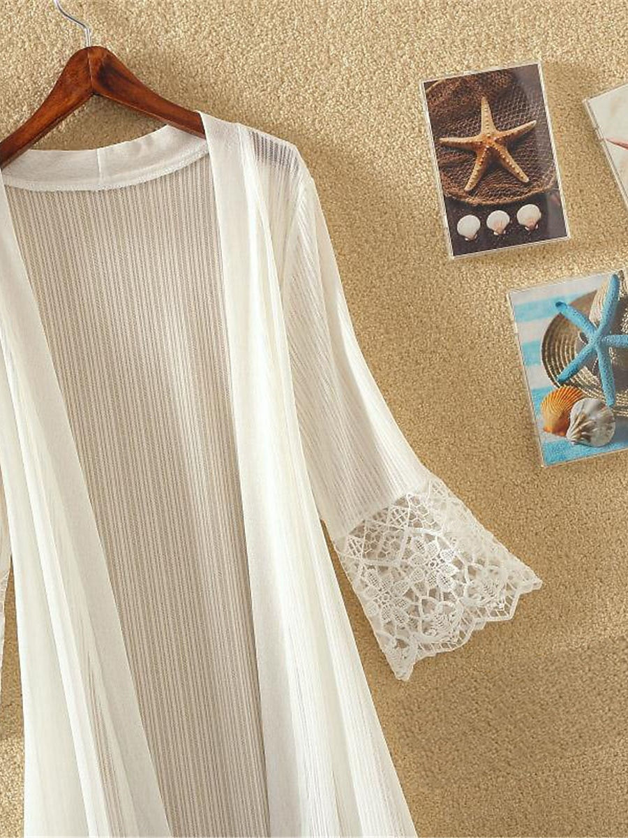 Women's Cardigan Outdoor Lace Plain Breathable Fashion Regular Fit Outerwear 3/4 Length Sleeve Summer Black S