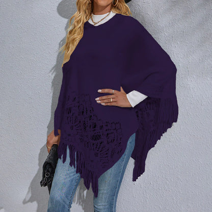 Women's Poncho Sweater Crew Neck Ribbed Knit Acrylic Tassel Knitted Fall Winter Tunic Outdoor Daily Holiday Stylish Casual Soft Long Sleeve Pure Color Black White Red S M L