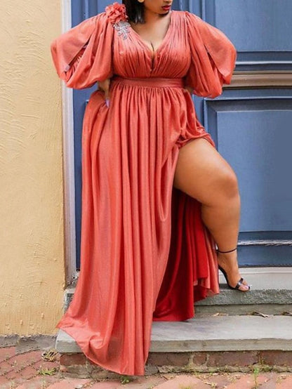 Women's Dress - Plus Size Party Dress Solid Color V Neck Ruched 3/4 Length Sleeve Spring Fall Elegant Formal Prom Dress Maxi long Dress Party Back to School Dress / Homecoming Dress