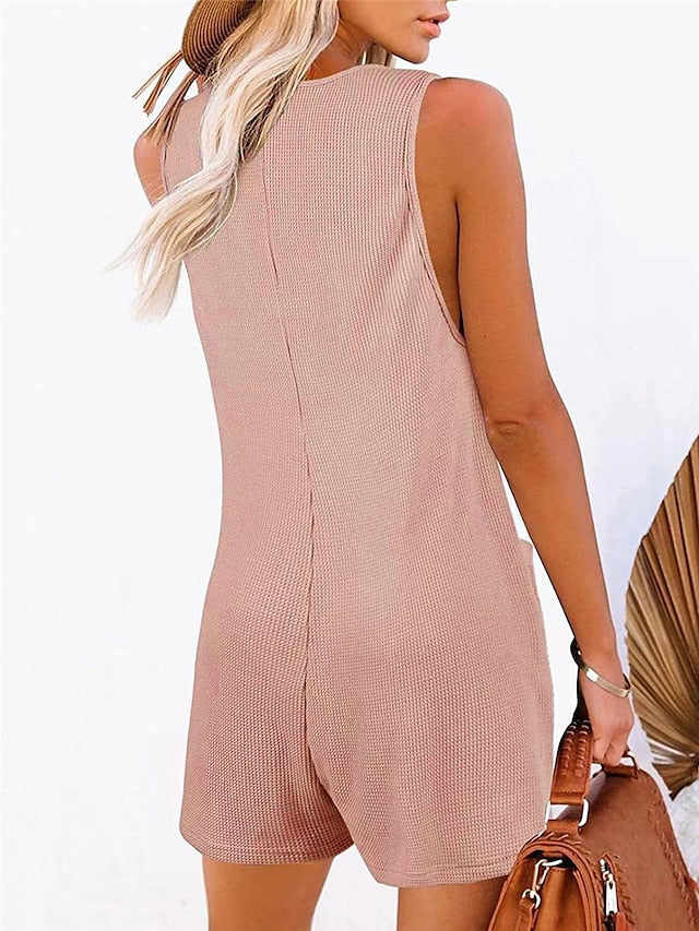 Jumpsuits for Women Summer Overall Button Pocket Solid Color U Neck Basic Daily Vacation Regular Fit Sleeveless Black Pink Wine S M L Spring - LuckyFash™