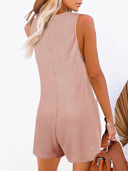 Jumpsuits for Women Summer Overall Button Pocket Solid Color U Neck Basic Daily Vacation Regular Fit Sleeveless Black Pink Wine S M L Spring - LuckyFash™
