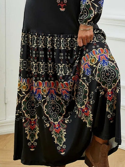 Women's Dress - Casual Dress T Shirt Dress Tee Dress Ethnic Dress Long Dress Maxi Dress Black Long Sleeve Paisley Ruched Winter Fall Spring U Neck Modern Winter Dress Daily Vacation 2023 S M L XL 2XL 3XL