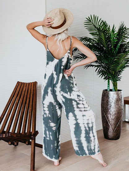 Jumpsuits for Women Summer Tie Dye V Neck Basic Casual Daily Wide Leg Loose Strap Sleeveless Blue Black Gray S M L - LuckyFash™