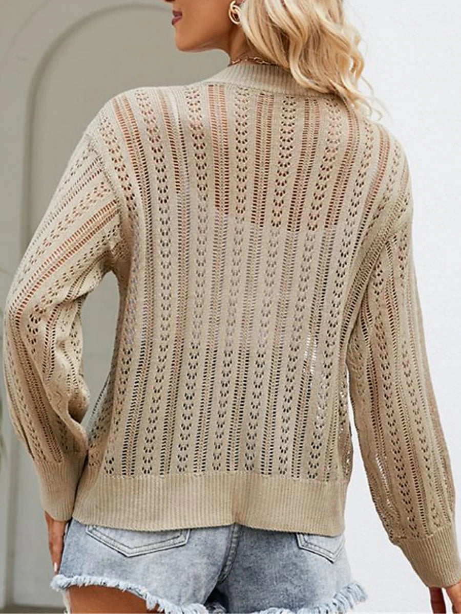 Women's Cardigan Sweater V Neck Crochet Knit Polyester Button Hole Summer Spring Daily Going out Weekend Stylish Casual Soft Long Sleeve Solid Color Purple Green Khaki S M L