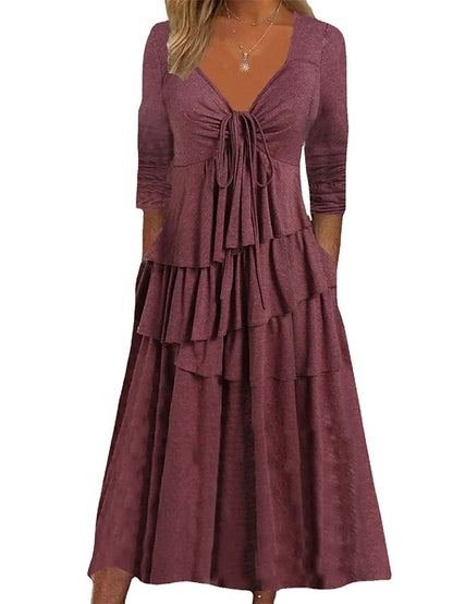 Women's Dress - Casual Dress Summer Dress Loose Dress Plain Ruched Twist V Neck Midi Dress Fashion Basic Outdoor Daily Long Sleeve Loose Fit Light Green Pink Wine Summer Spring S M L XL XXL