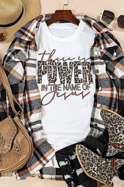Jesus Power Leopard Print Graphic Tee for Women