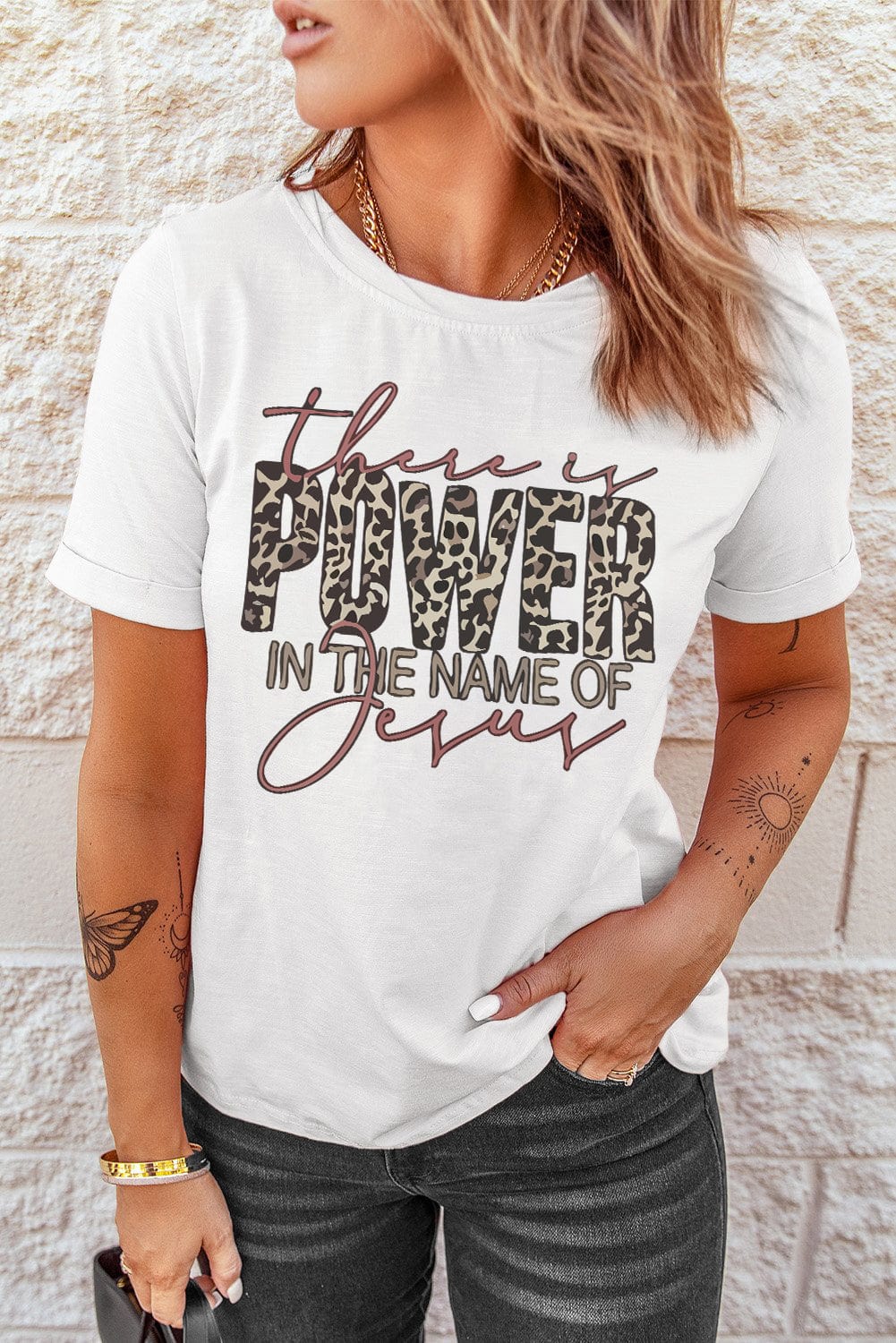 Jesus Power Leopard Print Graphic Tee for Women