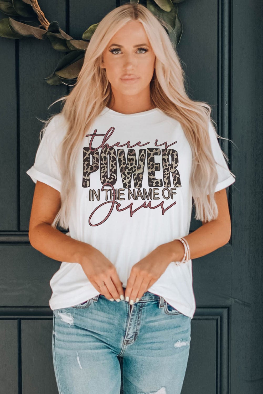 Jesus Power Leopard Print Graphic Tee for Women