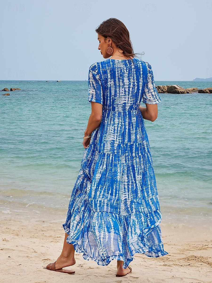 Women's Chiffon Casual Dress Print V Neck Long Dress Maxi Dress Vacation Beach Short Sleeve Summer