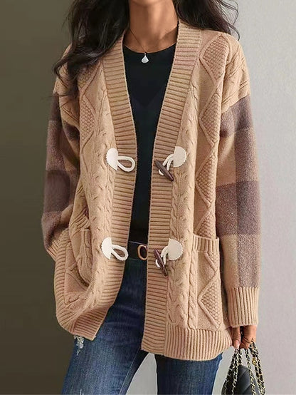 Women's Cardigan Sweater Jacket V Neck Cable Knit Acrylic Pocket Fall Winter Regular Outdoor Valentine's Day Daily Stylish Casual Soft Long Sleeve Plaid Red Navy Blue Green S M L