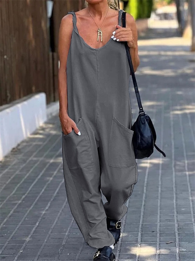 Jumpsuits for Women Summer Maternity Pocket Solid Color V Neck Streetwear Street Daily Loose Fit Spaghetti Strap Black White Pink S M L - LuckyFash™