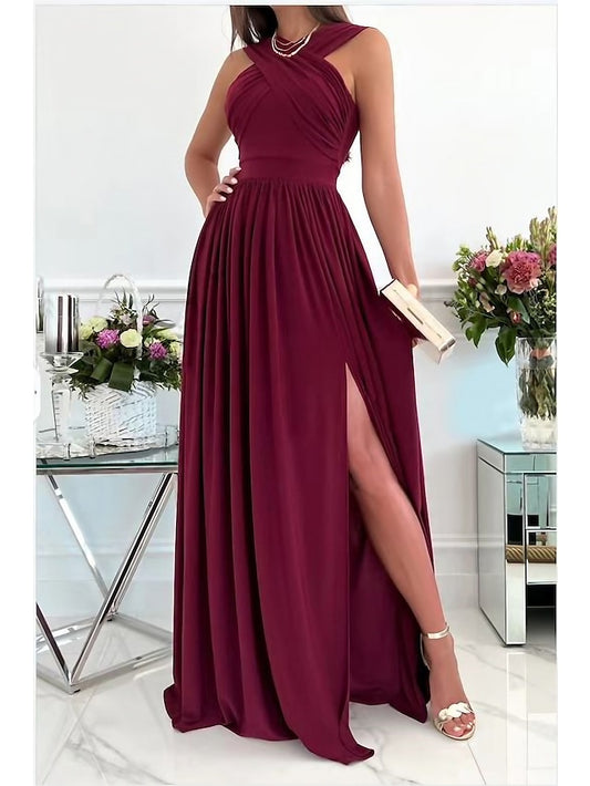 Women's Dress - Party Dress Wedding Guest Dress Long Dress Maxi Dress Wine Red Beige Sleeveless Pure Color Backless Spring Summer Halter Neck 2023 S M L XL XXL