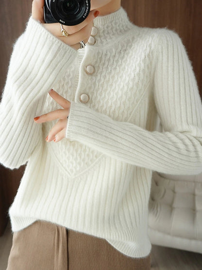 Women's Cardigan Stand Collar Ribbed Knit Polyester Button Knitted Fall Winter Regular Outdoor Daily Going out Stylish Casual Soft Long Sleeve Solid Color White Khaki S M L