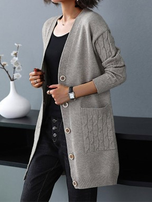 Women's Cardigan Sweater V Neck Cable Knit Knit Spandex Yarns Button Pocket Fall Winter Long Outdoor Daily Going out Stylish Casual Soft Long Sleeve Solid Color Black Red Blue S M L