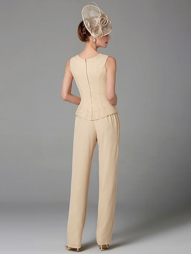 Jumpsuit / Pantsuit 3 Piece Mother of the Bride Dress Formal Plus Size Elegant Wrap Included Bateau Neck Floor Length Chiffon Sleeveless with Beading Appliques 2023 - LuckyFash™