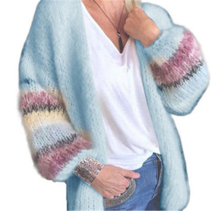 Women's Cardigan Sweater Open Front Ribbed Knit Acrylic Patchwork Fall Winter Long Daily Going out Weekend Stylish Casual Soft Long Sleeve Geometric Color Block Striped Yellow Light Green Pink S M L