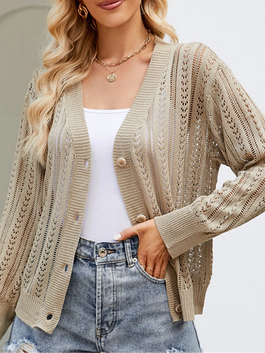 Women's Cardigan Sweater V Neck Crochet Knit Polyester Button Hole Summer Spring Daily Going out Weekend Stylish Casual Soft Long Sleeve Solid Color Purple Green Khaki S M L