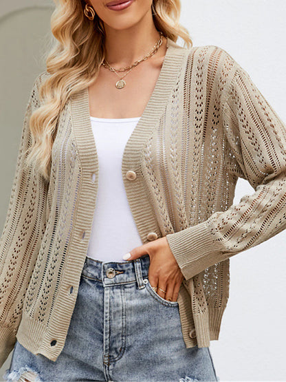 Women's Cardigan Sweater V Neck Crochet Knit Polyester Button Hole Summer Spring Daily Going out Weekend Stylish Casual Soft Long Sleeve Solid Color Purple Green Khaki S M L
